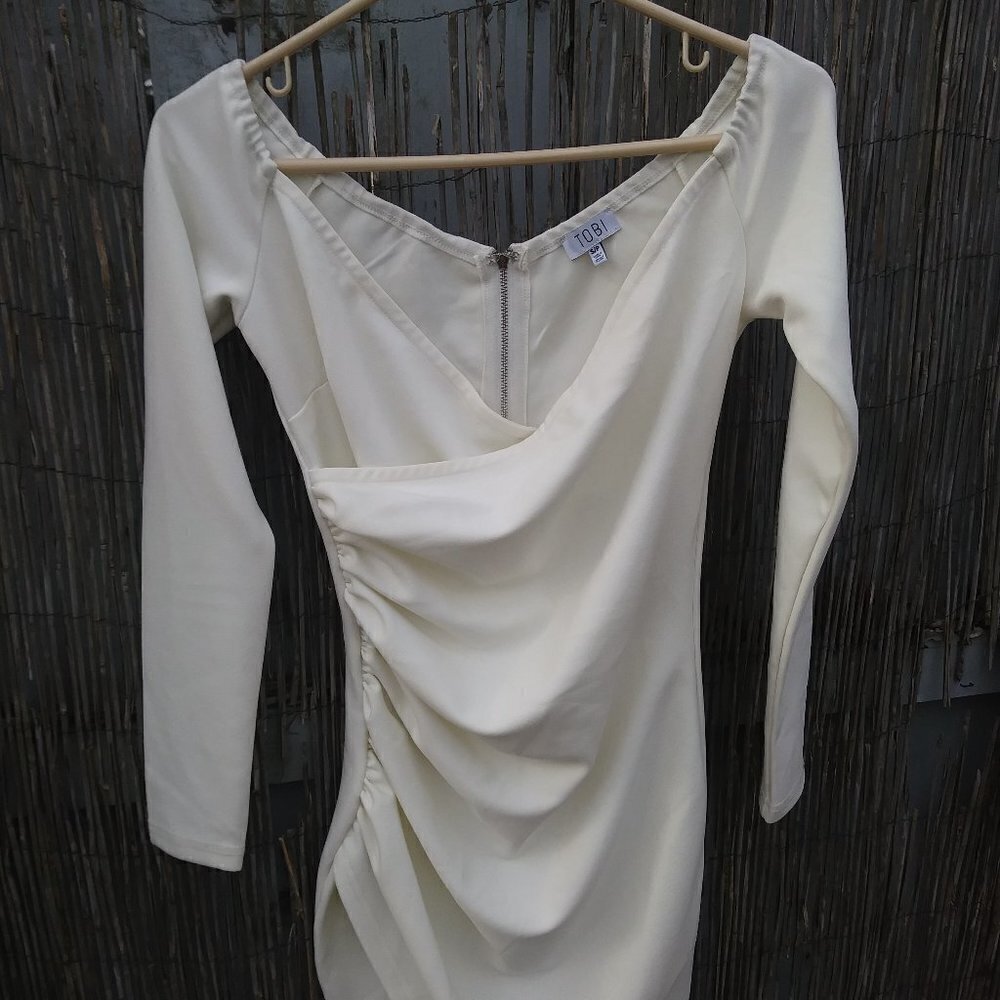 Tobi White V-Neck Faux Wrap Ruched Side Stretchy Midi Dress - S/P